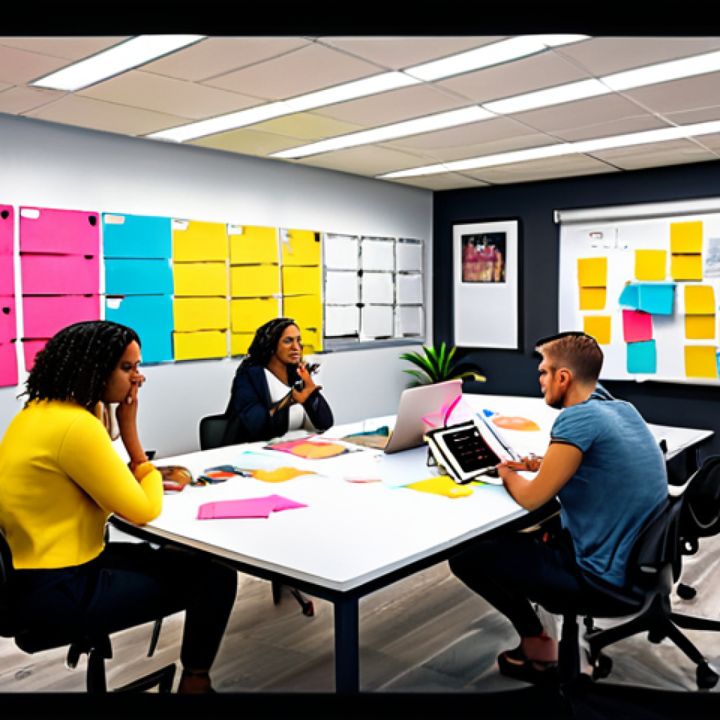 ** Diverse team collaboratively brainstorming in a vibrant, colorful office space. Sticky notes, whiteboards filled with ideas, and digital tablets are visible. The atmosphere is energetic and positive.

**