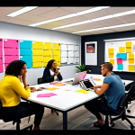 ** Diverse team collaboratively brainstorming in a vibrant, colorful office space. Sticky notes, whiteboards filled with ideas, and digital tablets are visible. The atmosphere is energetic and positive.

**