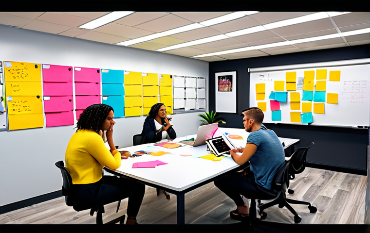 ** Diverse team collaboratively brainstorming in a vibrant, colorful office space. Sticky notes, whiteboards filled with ideas, and digital tablets are visible. The atmosphere is energetic and positive.
**