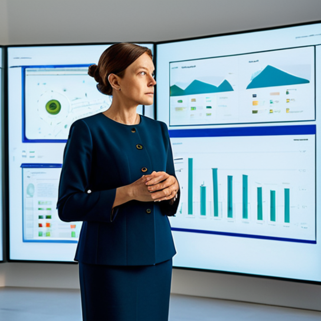 A professional female cultural strategist in a modest business dress, standing in a brightly lit, modern digital arts studio. She is looking intently at a large interactive screen displaying complex data visualizations for virtual exhibitions. The environment suggests cutting-edge technology and innovation, with sleek furniture and subtle digital art elements in the background. The scene emphasizes thoughtful leadership and strategic insight. fully clothed, appropriate attire, safe for work, appropriate content, professional, perfect anatomy, correct proportions, natural pose, well-formed hands, proper finger count, natural body proportions, high-quality professional photography.