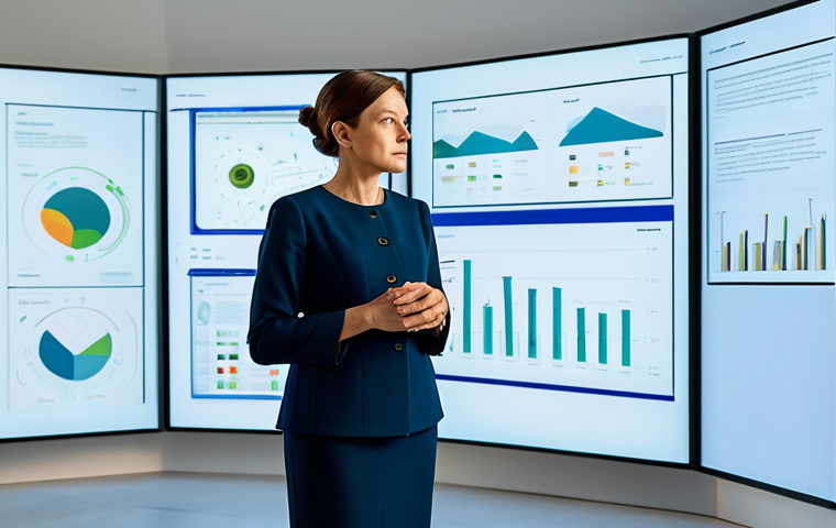 A professional female cultural strategist in a modest business dress, standing in a brightly lit, modern digital arts studio. She is looking intently at a large interactive screen displaying complex data visualizations for virtual exhibitions. The environment suggests cutting-edge technology and innovation, with sleek furniture and subtle digital art elements in the background. The scene emphasizes thoughtful leadership and strategic insight. fully clothed, appropriate attire, safe for work, appropriate content, professional, perfect anatomy, correct proportions, natural pose, well-formed hands, proper finger count, natural body proportions, high-quality professional photography.