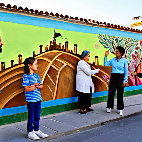 A diverse group of people, including children and elderly individuals, fully clothed in modest, everyday attire, collaborating on a vibrant community mural on a wall in a culturally rich neighborhood of Madrid. The mural depicts abstract and historical elements, reflecting local stories and unity. Sunny outdoor setting, realistic lighting. The scene emphasizes positive interaction and shared creation. Safe for work, appropriate content, family-friendly, fully clothed, perfect anatomy, correct proportions, natural pose, well-formed hands, proper finger count, natural body proportions, professional photography, high quality, detailed, realistic.