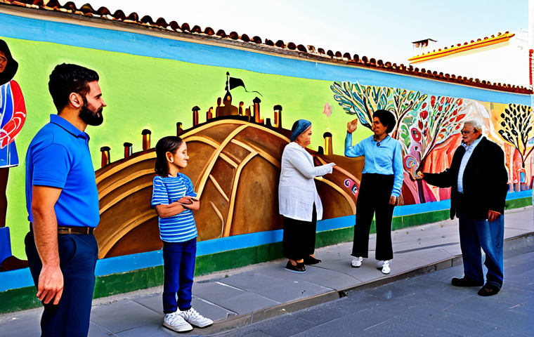 A diverse group of people, including children and elderly individuals, fully clothed in modest, everyday attire, collaborating on a vibrant community mural on a wall in a culturally rich neighborhood of Madrid. The mural depicts abstract and historical elements, reflecting local stories and unity. Sunny outdoor setting, realistic lighting. The scene emphasizes positive interaction and shared creation. Safe for work, appropriate content, family-friendly, fully clothed, perfect anatomy, correct proportions, natural pose, well-formed hands, proper finger count, natural body proportions, professional photography, high quality, detailed, realistic.