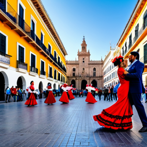 **

"A vibrant street performance in Seville, Spain, featuring flamenco dancers in traditional, colorful, modest costumes, fully clothed, appropriate attire, safe for work. The background shows the historic architecture of the city. Perfect anatomy, natural proportions, high-resolution, professional photography, family-friendly."

**