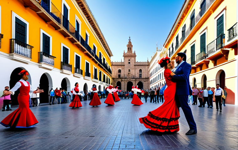**

"A vibrant street performance in Seville, Spain, featuring flamenco dancers in traditional, colorful, modest costumes, fully clothed, appropriate attire, safe for work. The background shows the historic architecture of the city. Perfect anatomy, natural proportions, high-resolution, professional photography, family-friendly."

**