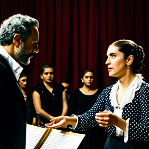 Backstage Buzz**

"A bustling scene backstage at a flamenco performance in Seville, Spain. A fully clothed stage manager, professional and focused, is giving instructions to the dancers in modest attire. The lighting is warm and dramatic. Safe for work, perfect anatomy, natural proportions, high quality, appropriate content, professional photography, family-friendly."

**