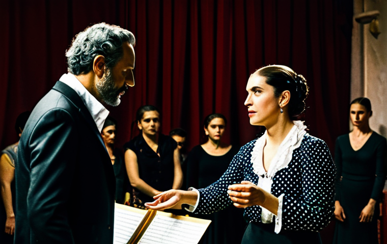 Backstage Buzz**

"A bustling scene backstage at a flamenco performance in Seville, Spain. A fully clothed stage manager, professional and focused, is giving instructions to the dancers in modest attire. The lighting is warm and dramatic. Safe for work, perfect anatomy, natural proportions, high quality, appropriate content, professional photography, family-friendly."

**