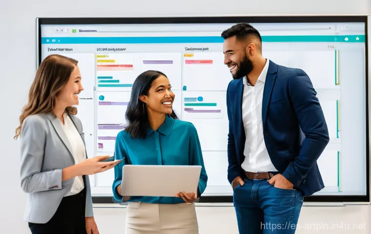 미술문화기획사 직무에 필요한 소프트웨어 - **Cultural Project Team Collaboration**
    **Prompt:** A diverse team of 4 cultural project manager...