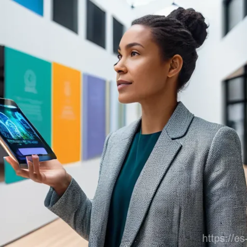 미술문화기획사의 리더십 발휘 사례 - A visionary cultural leader, a woman in her late 30s with a determined and thoughtful expression, st...