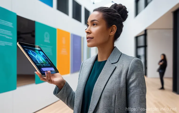 미술문화기획사의 리더십 발휘 사례 - A visionary cultural leader, a woman in her late 30s with a determined and thoughtful expression, st...