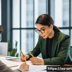 미술문화기획사의 직무 관련 법적 이슈 - A professional cultural event organizer reviewing detailed contracts with an artist in a modern offi...