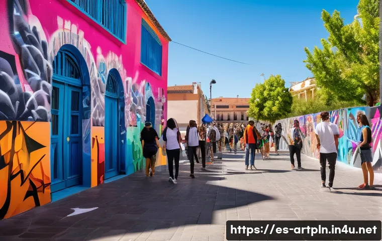 미술문화기획사의 창업 가능성 및 성공 사례 - A vibrant urban art festival scene in a Spanish city, featuring diverse young artists creating color...