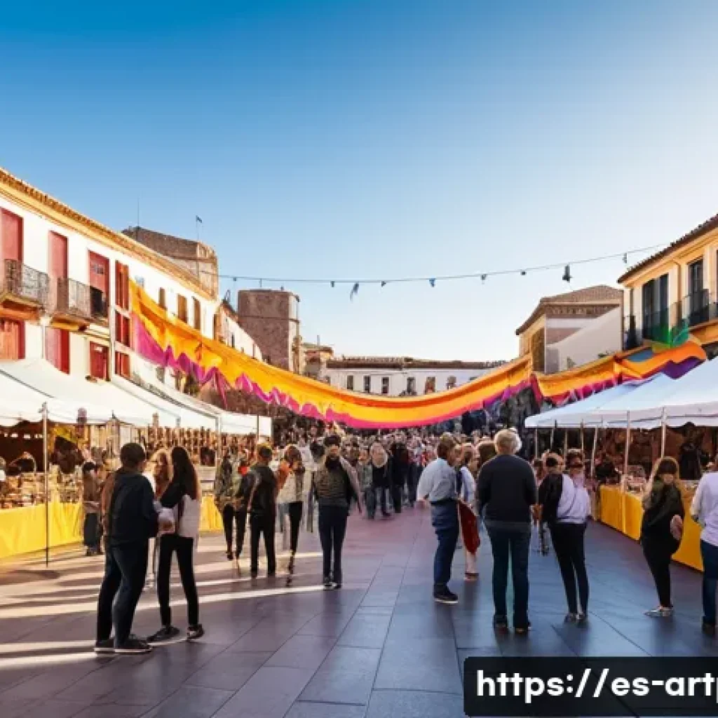 미술문화기획사와 크리에이티브 디렉터의 차이 - A vibrant cultural event scene in a Spanish urban plaza during sunset, showing diverse people of all...