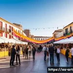 미술문화기획사와 크리에이티브 디렉터의 차이 - A vibrant cultural event scene in a Spanish urban plaza during sunset, showing diverse people of all...