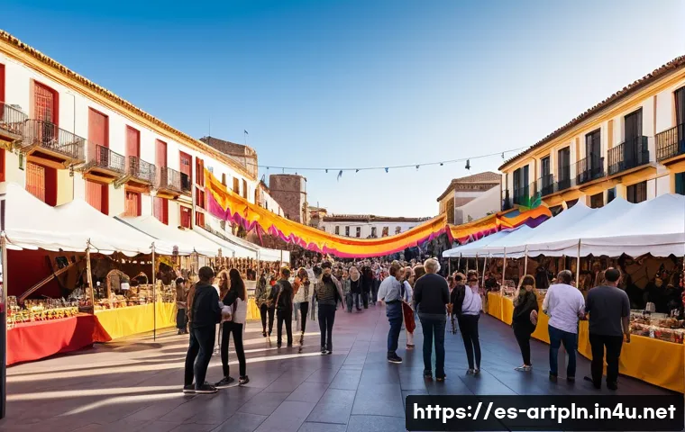 미술문화기획사와 크리에이티브 디렉터의 차이 - A vibrant cultural event scene in a Spanish urban plaza during sunset, showing diverse people of all...
