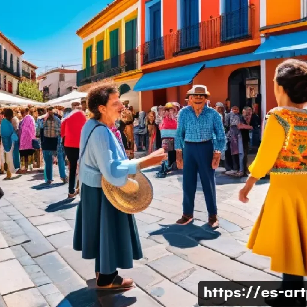 미술문화기획사의 고객 만족도 향상 방안 - A lively cultural event scene in a vibrant Spanish town plaza during a sunny afternoon, featuring a ...
