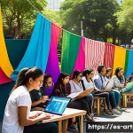 Home 22 미술문화기획사와 국제 학술 교류 프로그램 - A vibrant multicultural academic festival scene in a sunny outdoor plaza in Mexico City, featuring d...
