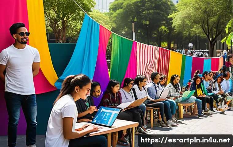 미술문화기획사와 국제 학술 교류 프로그램 - A vibrant multicultural academic festival scene in a sunny outdoor plaza in Mexico City, featuring d...