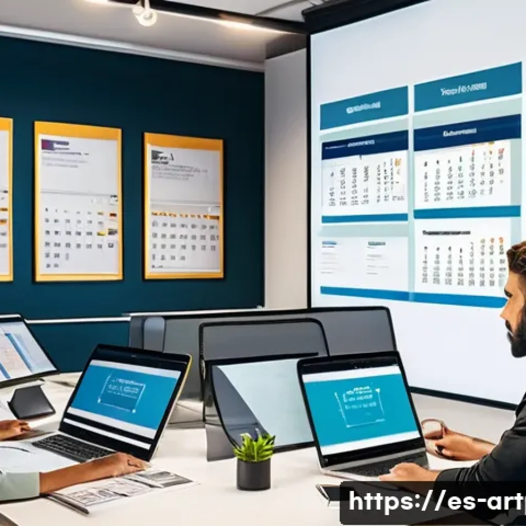 미술문화기획사의 직업적 위험 요소 - A diverse team of cultural project managers working intensely in a modern office environment filled ...