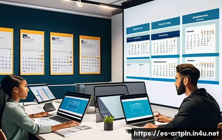 미술문화기획사의 직업적 위험 요소 - A diverse team of cultural project managers working intensely in a modern office environment filled ...