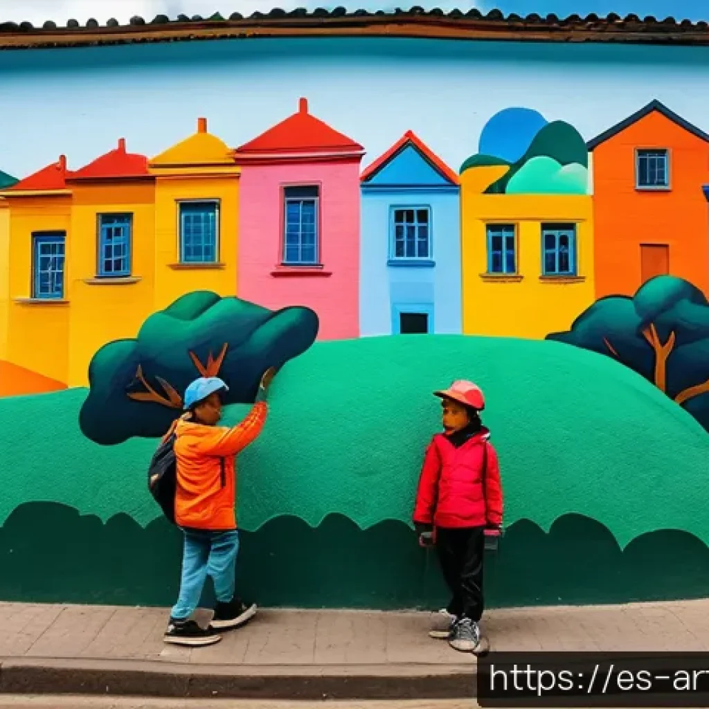 미술문화기획사의 창의적 문제 해결 사례 - A vibrant community mural painting scene in a colorful neighborhood of Bogotá, Colombia, featuring d...