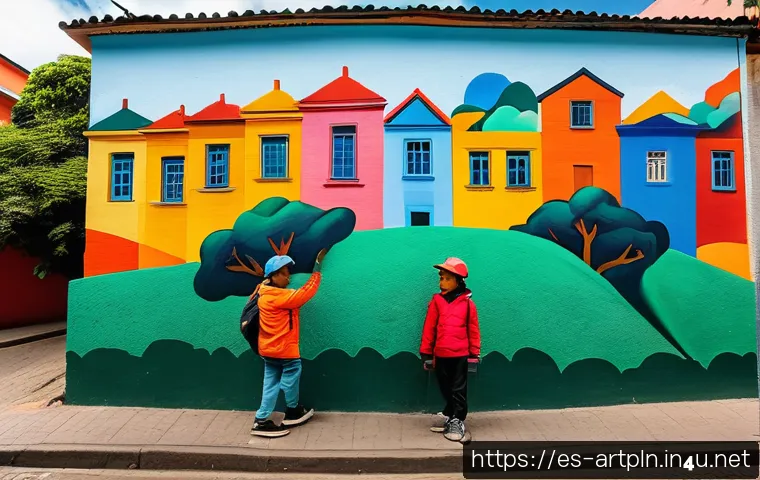 미술문화기획사의 창의적 문제 해결 사례 - A vibrant community mural painting scene in a colorful neighborhood of Bogotá, Colombia, featuring d...