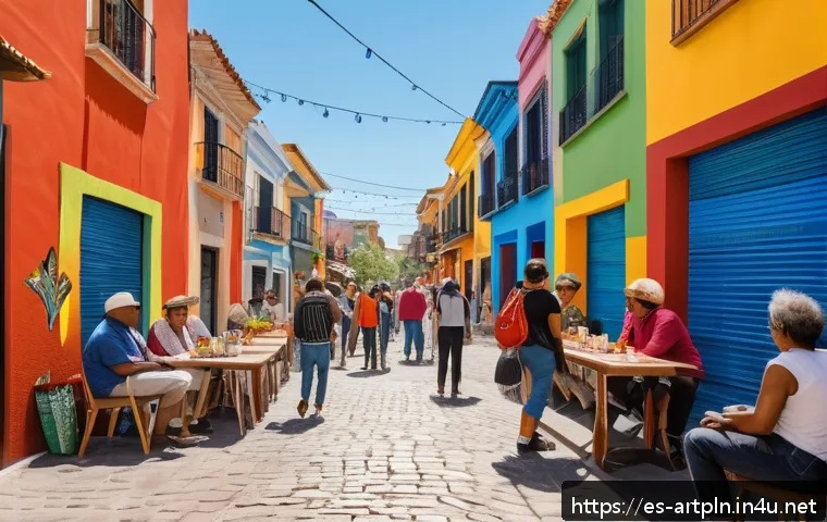 미술문화기획사의 산업별 특화 사례 - A vibrant urban street scene in a Spanish neighborhood transformed by large colorful murals and cont...