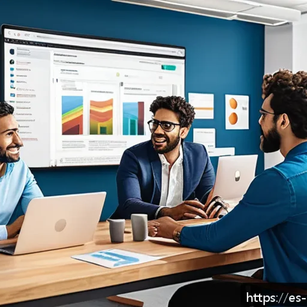 미술문화기획사의 효율적인 자료 조사 방법 - A modern digital workspace scene showing a diverse team of Hispanic cultural researchers collaborati...
