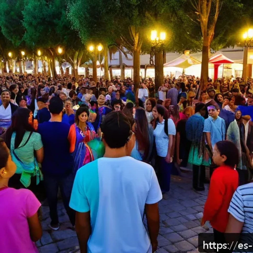 미술문화기획사 자격증 준비를 위한 온라인 강의 - A vibrant cultural event scene set in a Spanish plaza during early evening, featuring diverse groups...