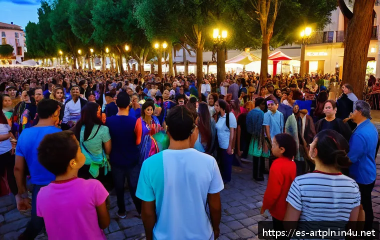 미술문화기획사 자격증 준비를 위한 온라인 강의 - A vibrant cultural event scene set in a Spanish plaza during early evening, featuring diverse groups...