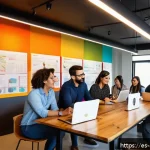 미술문화기획사의 주요 경력 전환 사례 - A vibrant scene of a cultural manager leading a diverse multidisciplinary team in a modern coworking...