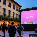 미술문화기획사로서의 창업 아이디어 - A vibrant cultural event scene in a modern Spanish city plaza, featuring diverse artists and audienc...