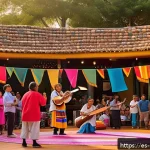 미술문화기획사의 직무에 적합한 성격 유형 - A vibrant cultural festival scene in a modern Latin American city plaza at sunset, featuring diverse...