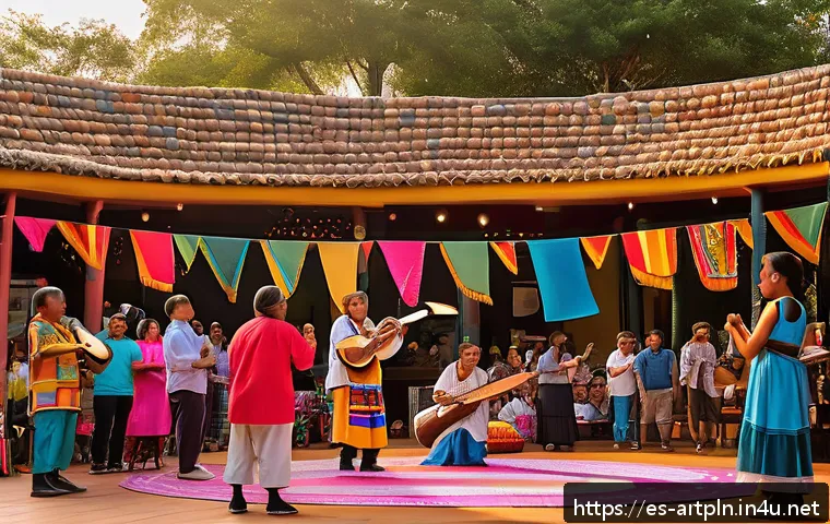 미술문화기획사의 직무에 적합한 성격 유형 - A vibrant cultural festival scene in a modern Latin American city plaza at sunset, featuring diverse...