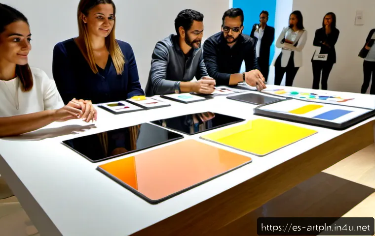 미술문화기획사의 홍보 및 마케팅 전략 - Photorealistic art marketing strategy meeting in a sunlit contemporary gallery in Madrid, diverse Sp...