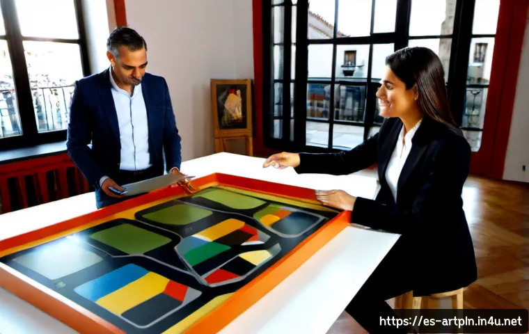 미술문화기획사의 업계 성장 가능성 - Photorealistic modern art cultural planning team in a sunlit Madrid studio, diverse Spanish-speaking...